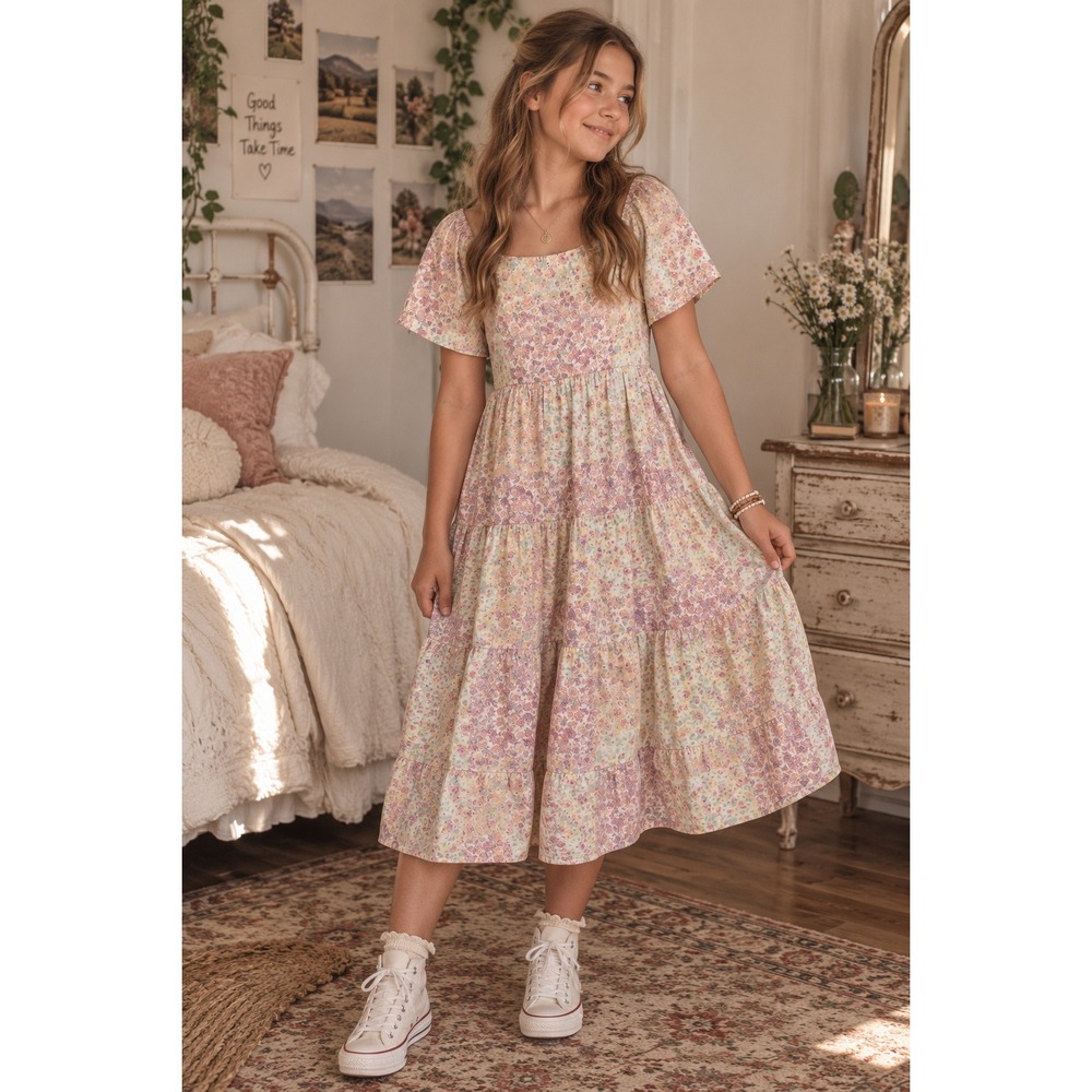Trixxi Girl Short Sleeve Dress Girls XL Pink Floral Tiered Cottagecore Romantic